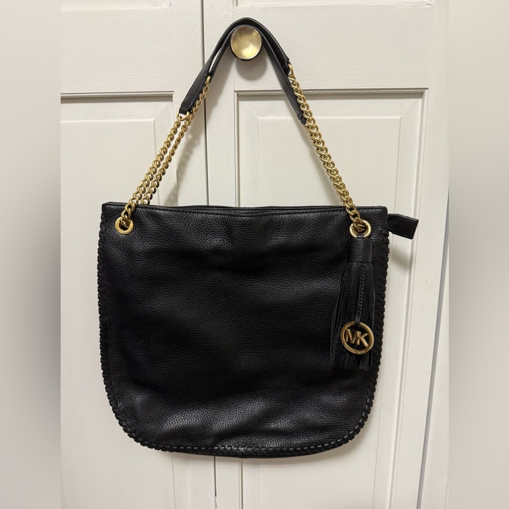 Michael Kors Black Leather Shoulder Bag with Gold Chain